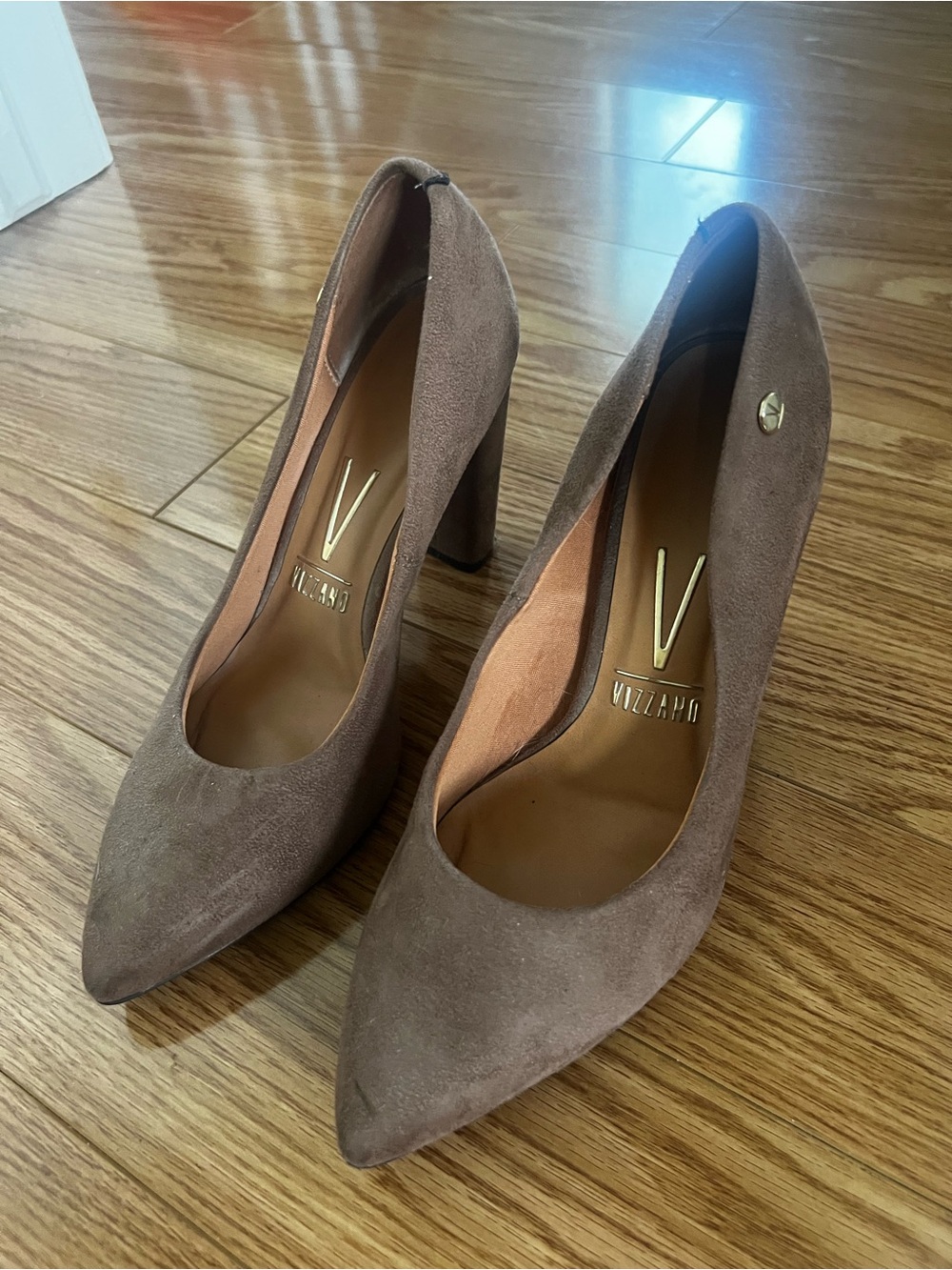 Vizzano Taupe Suede Pointed-Toe Block Heel Pumps
